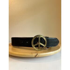 Vintage Black Puma Steerhide Genuine Leather PEACE Brass Buckle Belt Size Medium